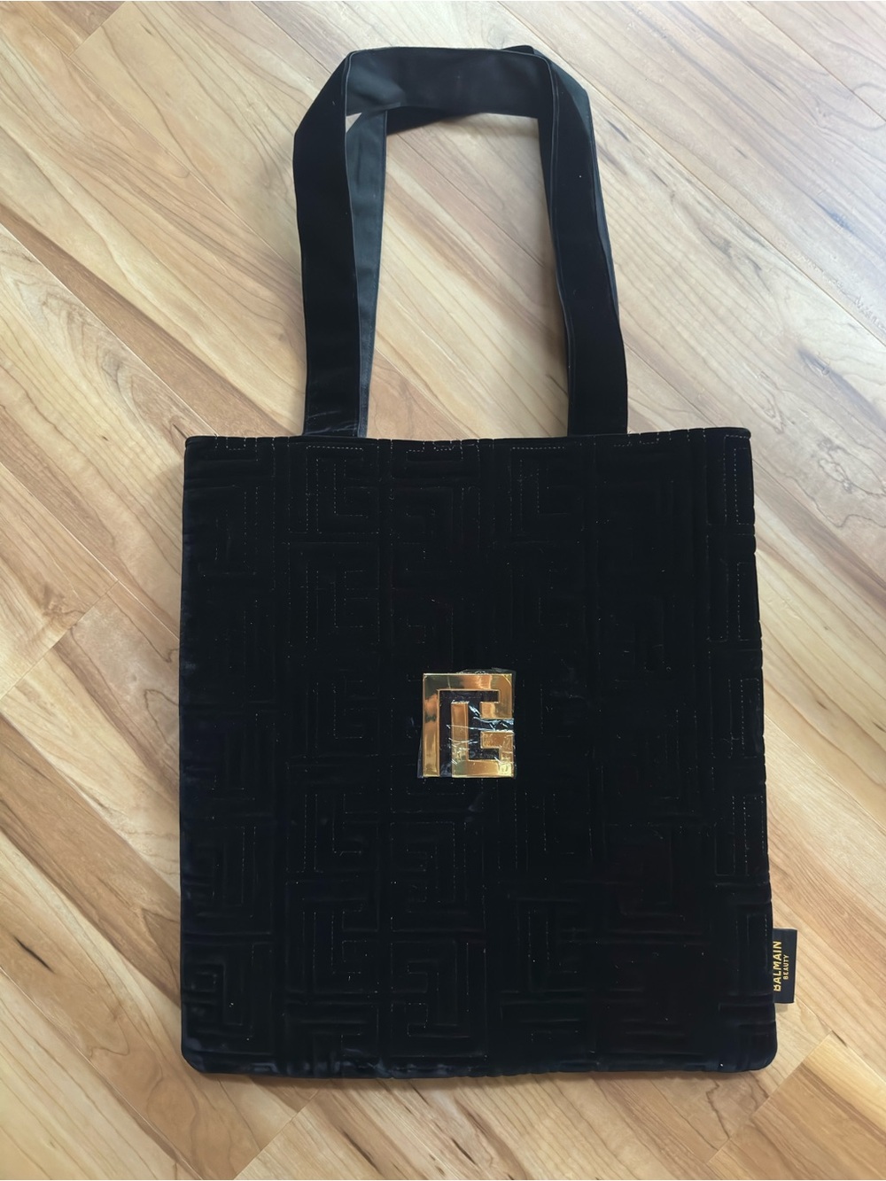New! Balmain Beauty Black Velvet Tote Bag with Gold Accent